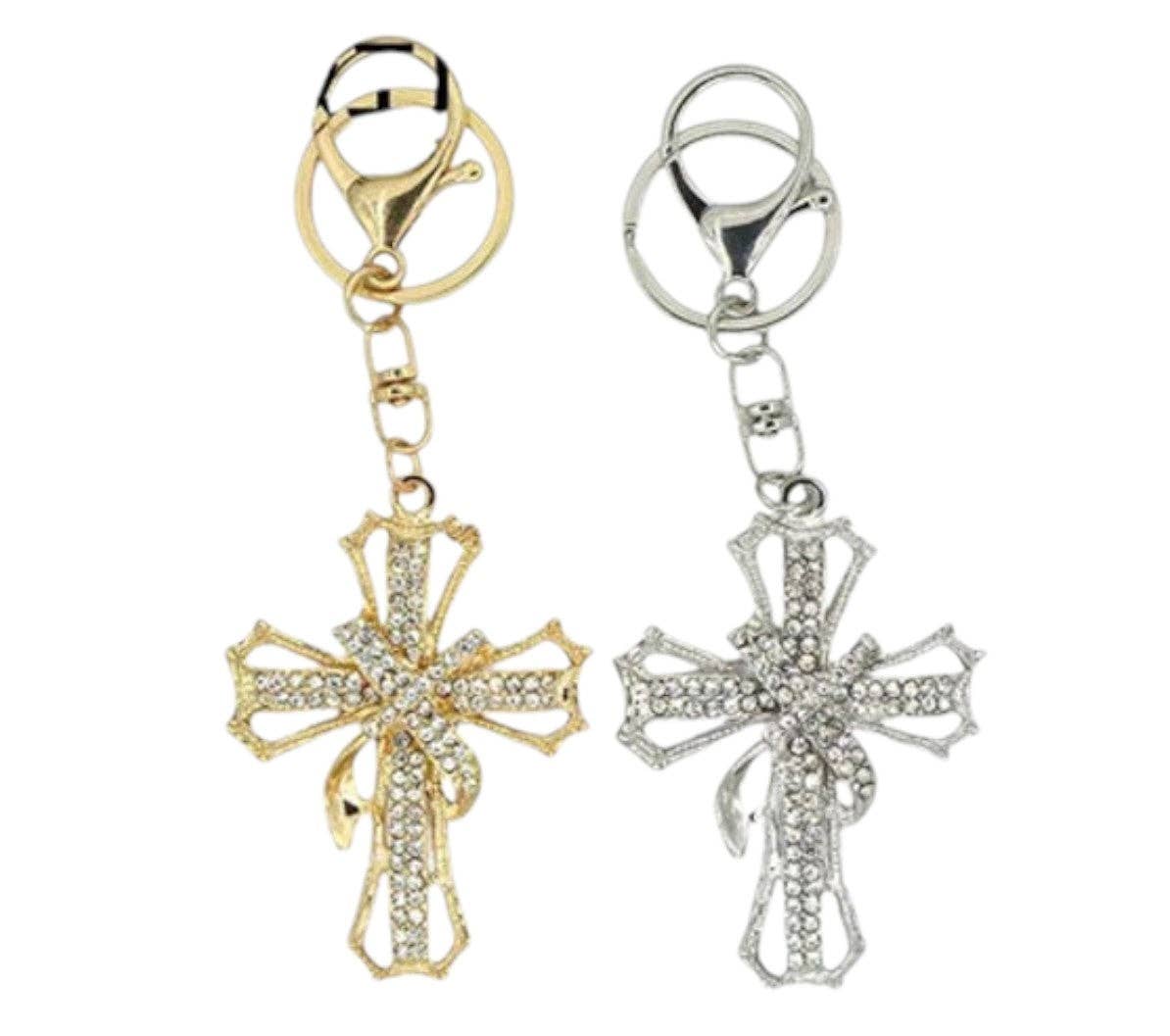 RHINESTONE RIBBON CROSS KEY CHAIN KC1211-10 (12PC): ASSORTED