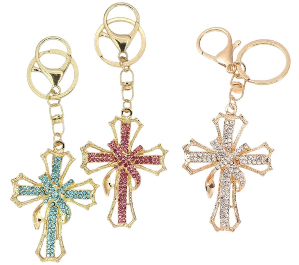 RHINESTONE RIBBON CROSS KEY CHAIN KC1211-10 (12PC): ASSORTED