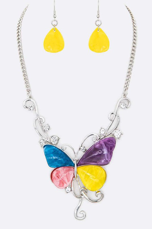 Silver Multicolor Butterfly Necklace w/Earrings