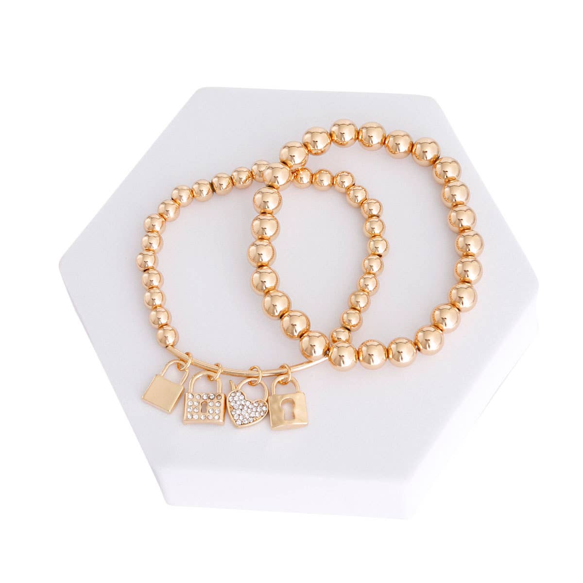 Gold Bead 2 Pcs Love Lock Bracelets: Color / Stretch to Fit / Gold