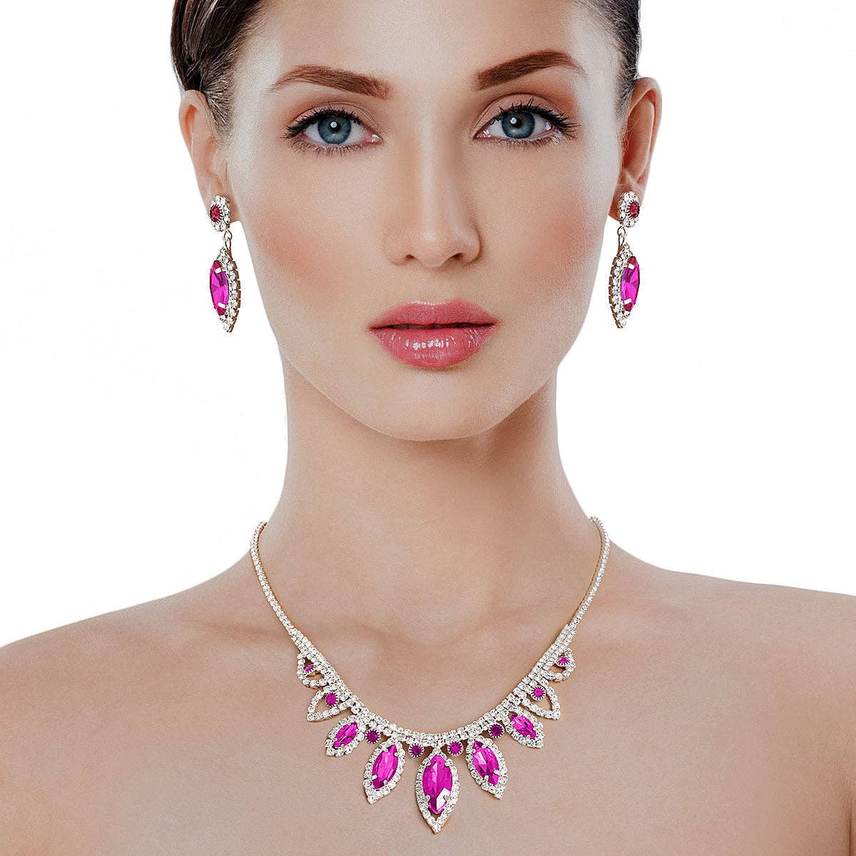 Fuchsia Marquise Crystal Silver Set: 16 + 3 inches / Fuschia / Rhodium