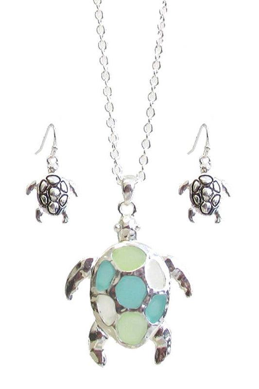 SEAGLASS TURTLE PENDANT NECKLACE SET - A1253ASTQ-71312