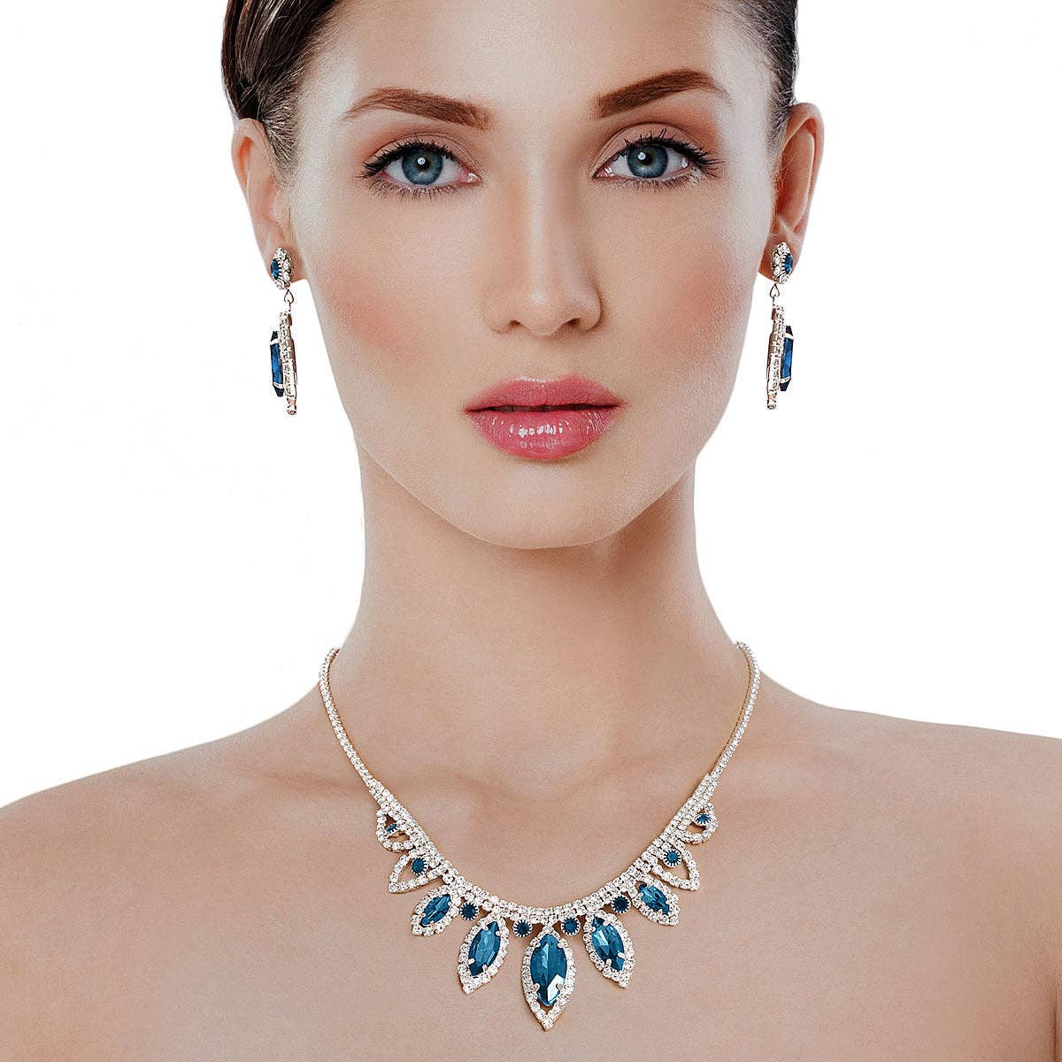 Blue Marquise Crystal Silver Set: 16 + 3 inches / Blue / Rhodium