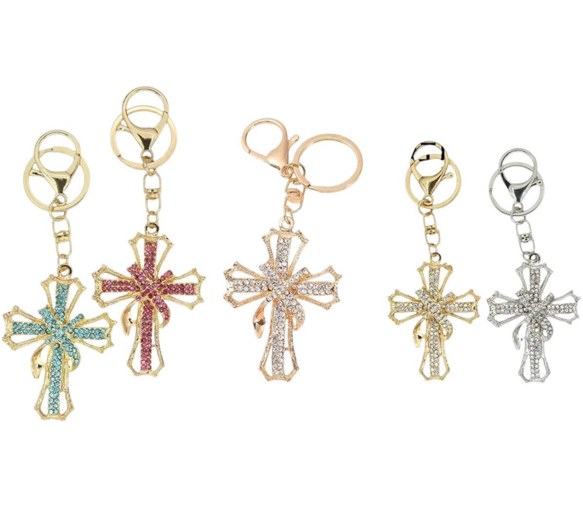RHINESTONE RIBBON CROSS KEY CHAIN KC1211-10 (12PC): ASSORTED