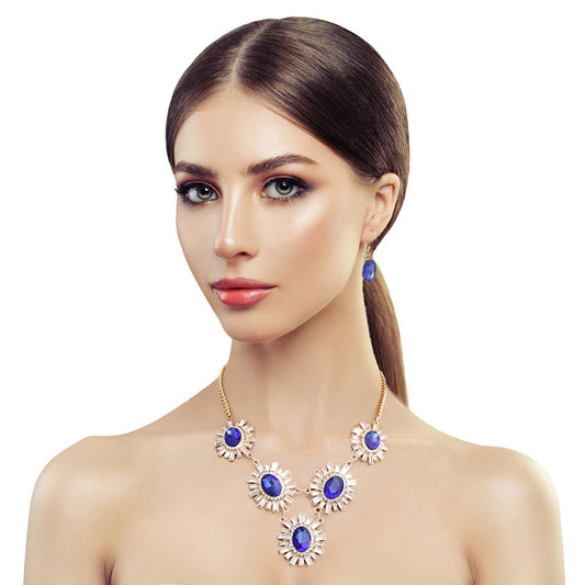 Royal Blue Rhinestone Necklace Set: Blue / 18 Inches / Gold