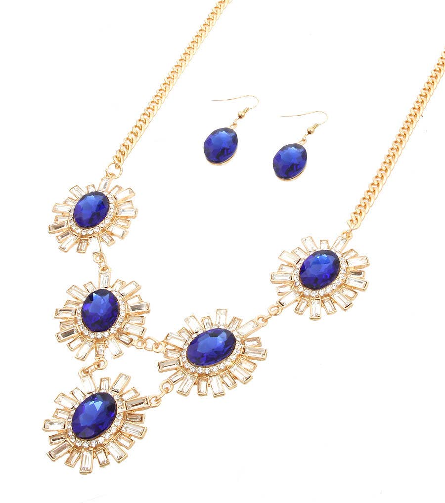 Royal Blue Rhinestone Necklace Set: Blue / 18 Inches / Gold