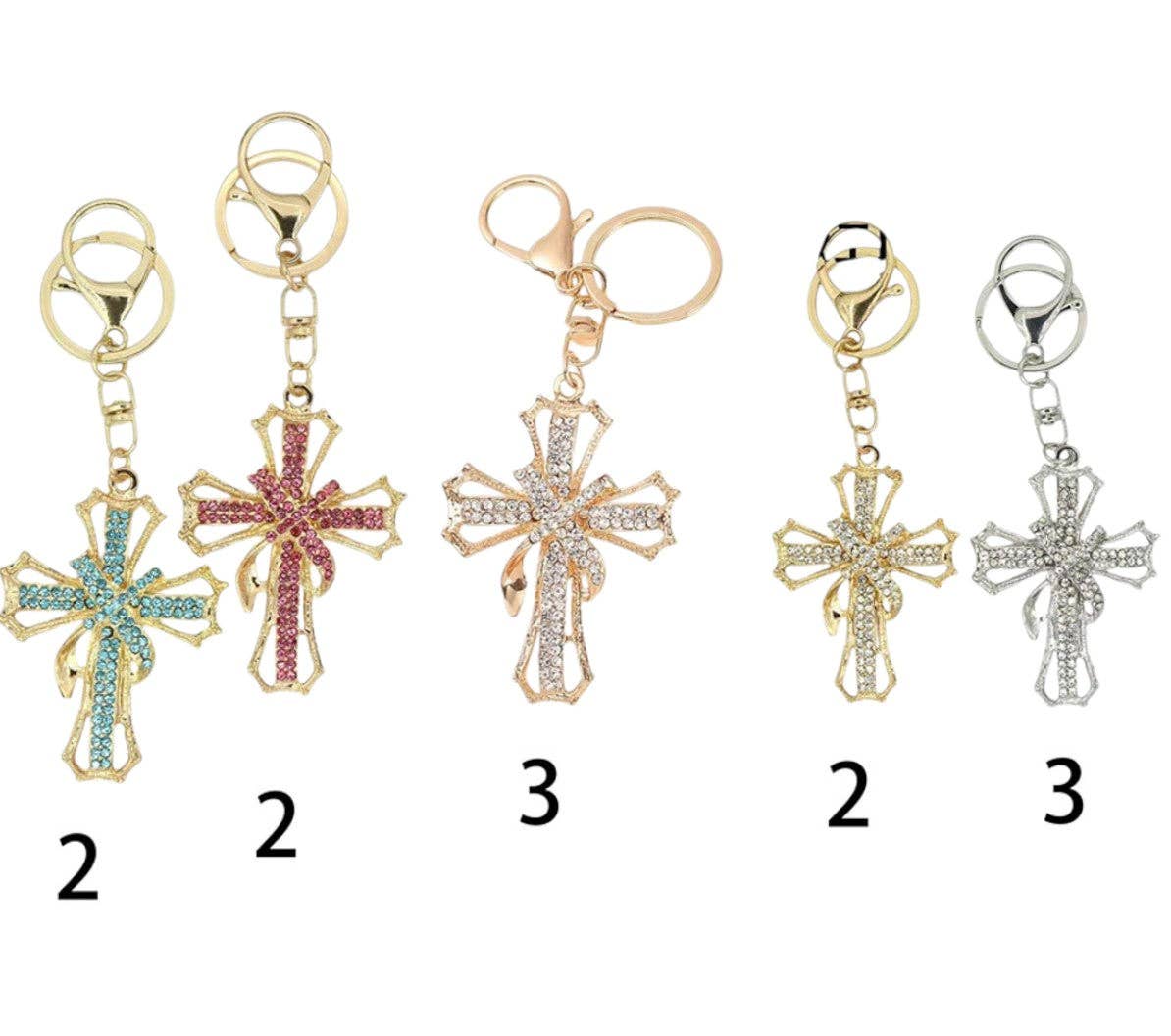 RHINESTONE RIBBON CROSS KEY CHAIN KC1211-10 (12PC): ASSORTED
