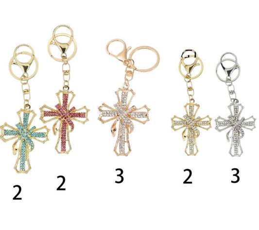 RHINESTONE RIBBON CROSS KEY CHAIN KC1211-10 (12PC): ASSORTED