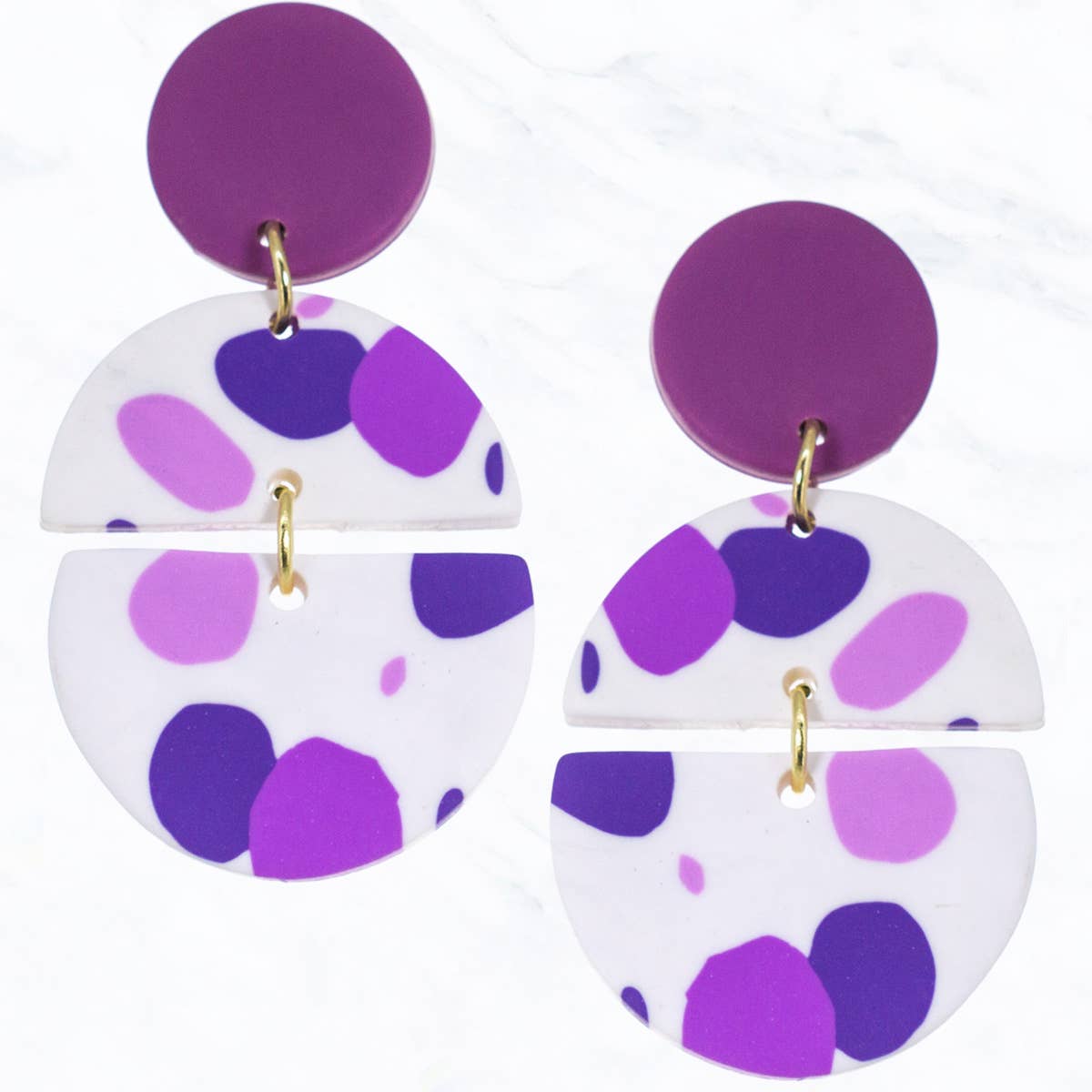 Purple Spotted Double Half Moon Clay Earrings