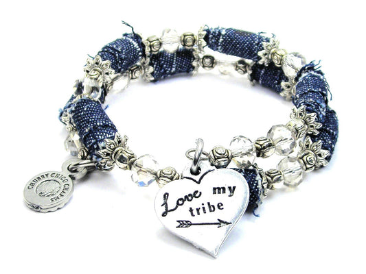 Love my tribe distressed Denim beaded bracelet