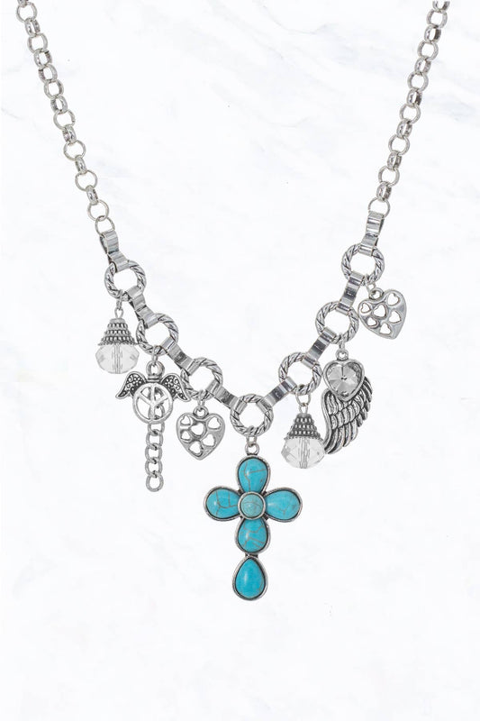 Turquoise Stone Cross Pendant Heart, Link Chain Necklace