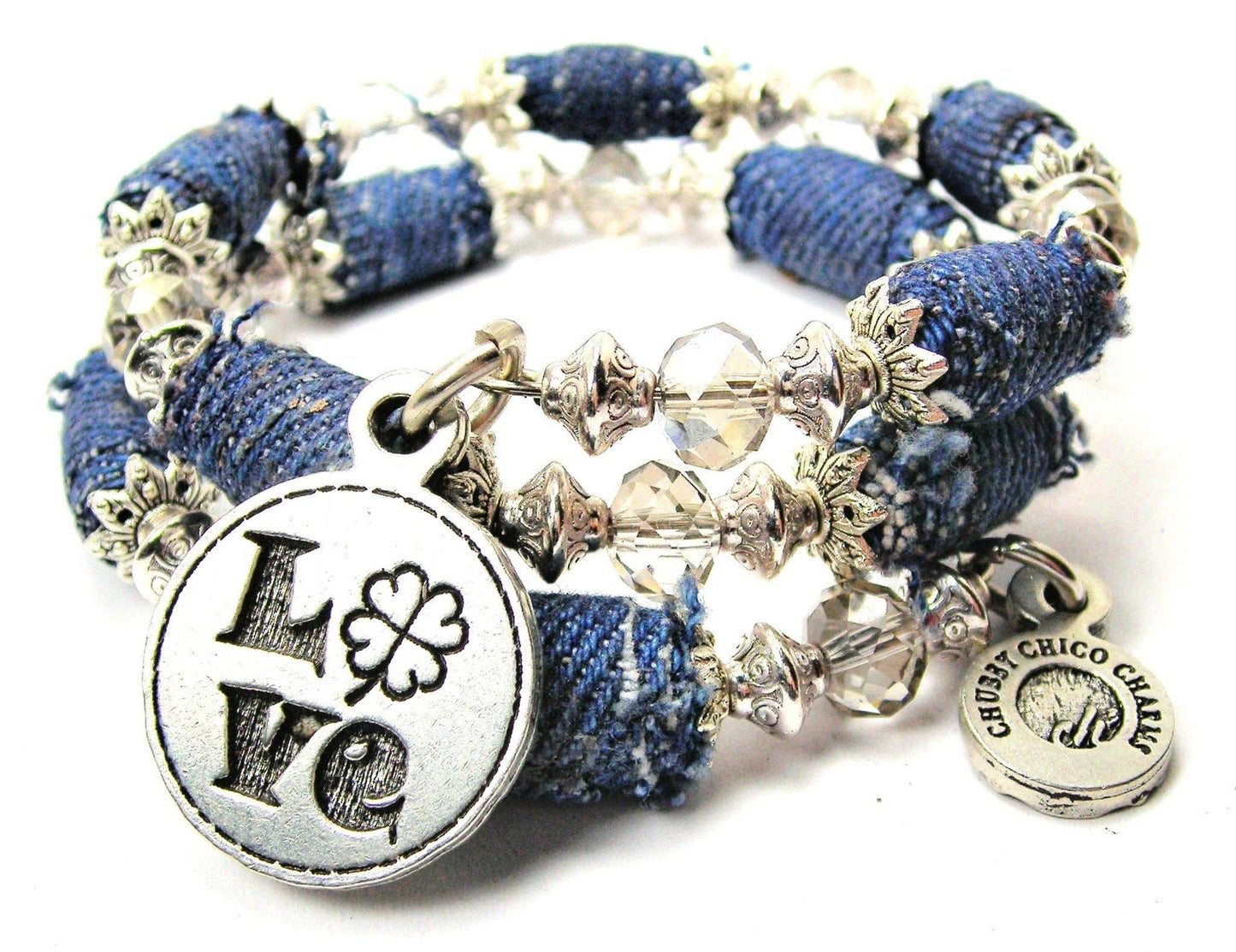 Love Shamrock Blue Jean Beaded Wrap Bracelet Irish Ireland